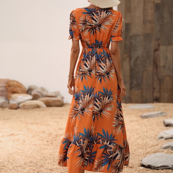 Boho Orange Tropical Print Puff Sleeve Maxi Dress - Picture 4 of 5